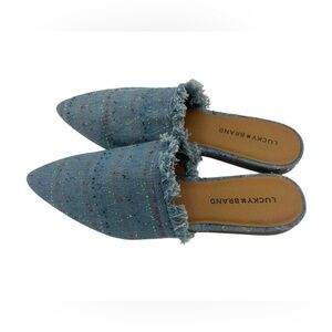 Lucky Brand Blue Mules Frayed Fringe Textured Denim Slide Ons Bapsee 9.5